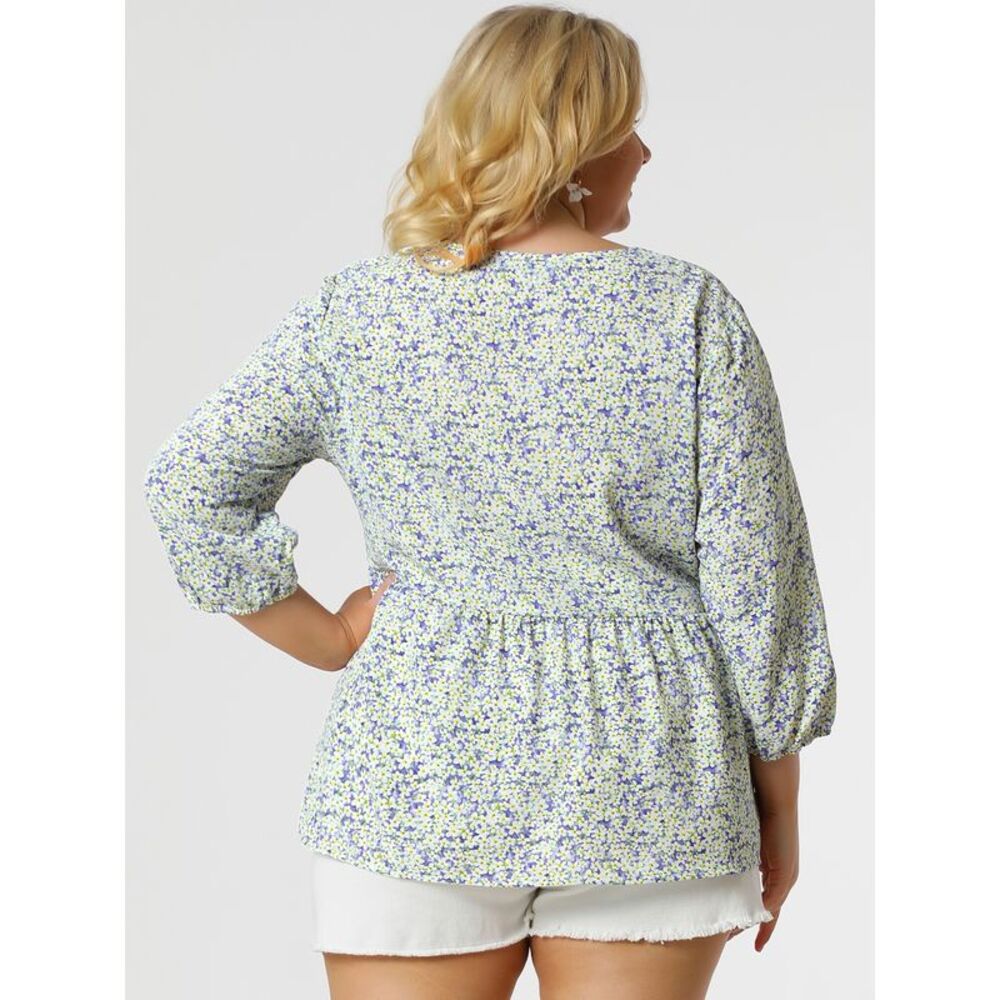 V Neck Women Plus Size 3/4 Sleeve Floral Shirt Blouses Lavender - Picture 5 of 6
